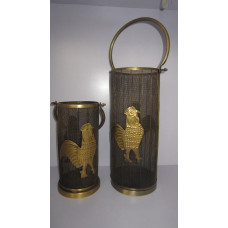 iron rooster lantern s/2 Ant. brass